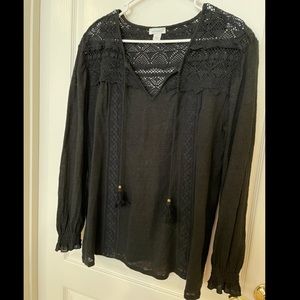 Sundance black crochet lace cotton top sz L